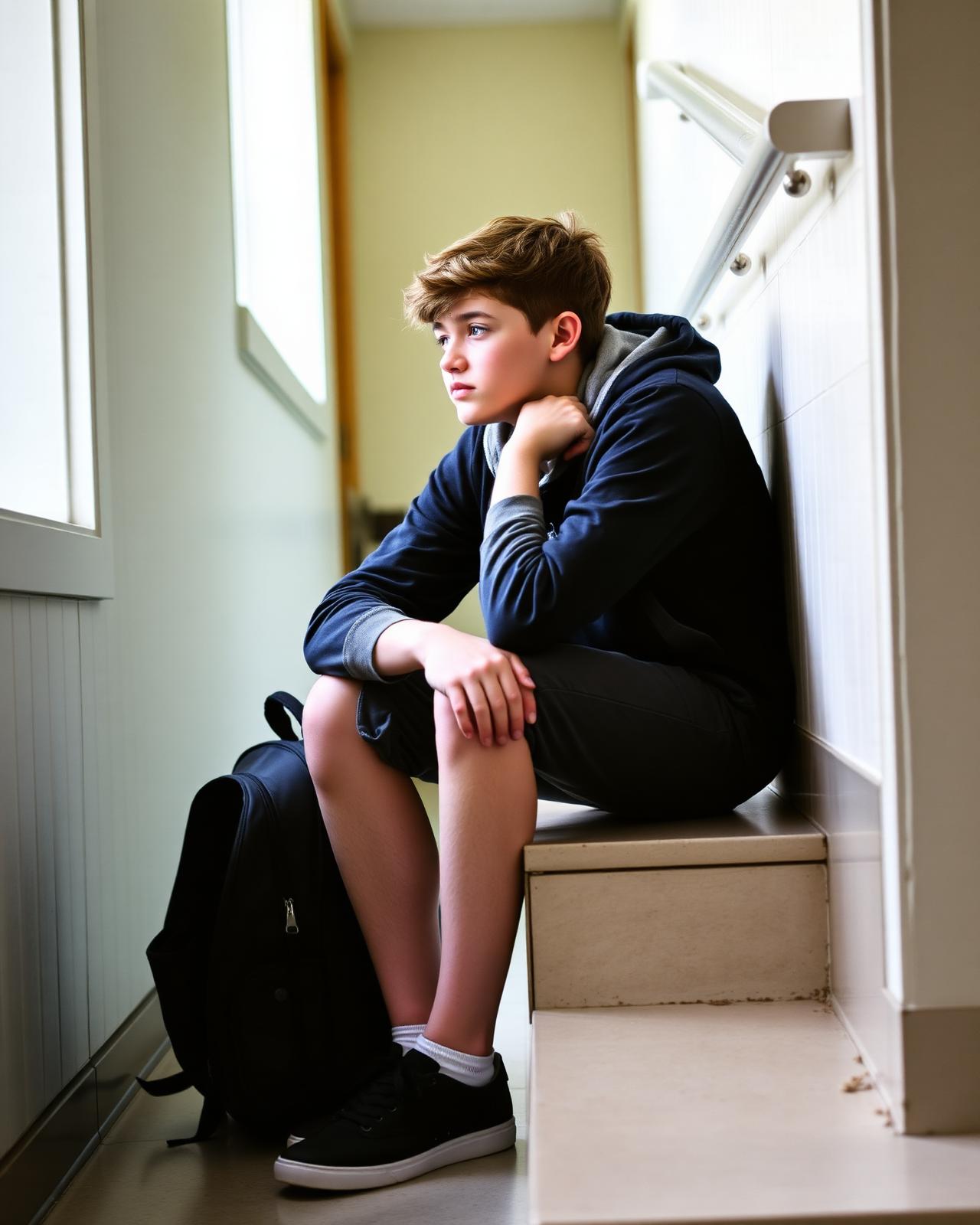 A middle school student sitting quietly on a school stairwell with a backpack beside them