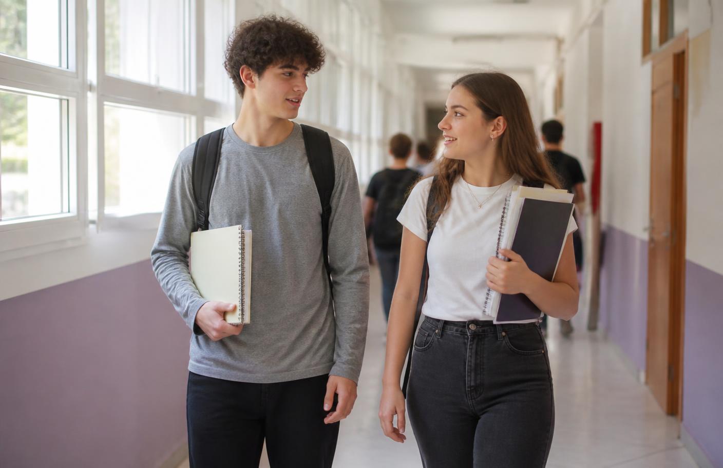Two high school students walking together through a bright school hallway